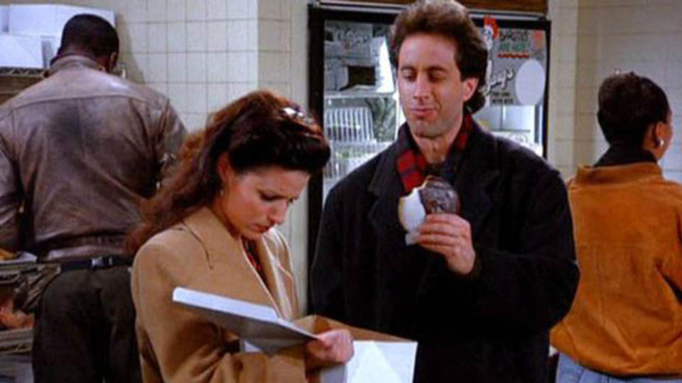 <p> There actually are some positive moments involving baked goods on&#xA0;<em>Seinfeld</em>, like from a Season 5 episode in which Jerry and Elaine anxiously wait in line for a chocolate (and later cinnamon) babka as a dinner party gift. In between their frustrations at the bakery, Jerry enjoys a black and white cookie, which he profoundly describes as a symbol of racial harmony and goes as far as explaining that getting a little chocolate and vanilla in every bite is crucial. I still find it to be one of the sitcom&#x2019;s most admirable instances of social commentary, even though Jerry ends up vomiting the cookie back up.&#xA0; </p>
