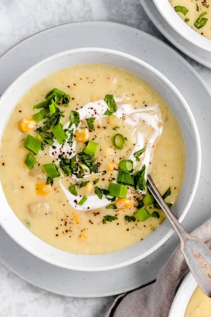 A bowl of vegan corn chowder