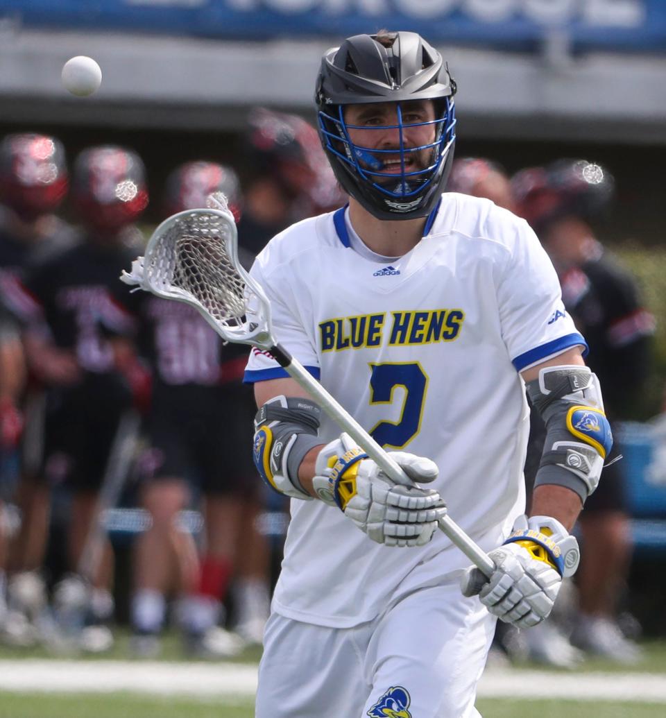 Delaware's Tye Kurtz passes in the first half of the Blue Hens' 17-7 win against Fairfield at Delaware Stadium, Saturday, April 8, 2023.