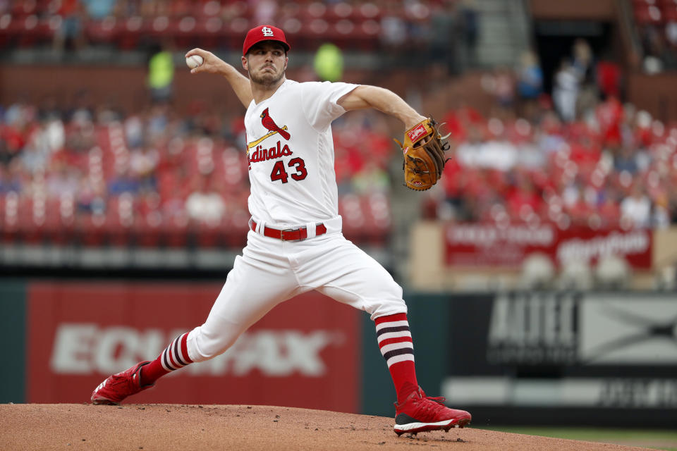 St. Louis Cardinals starting pitcher Dakota Hudson throws during the first inning of a baseball game against the Milwaukee Brewers, Monday, Aug. 19, 2019, in St. Louis. (AP Photo/Jeff Roberson)