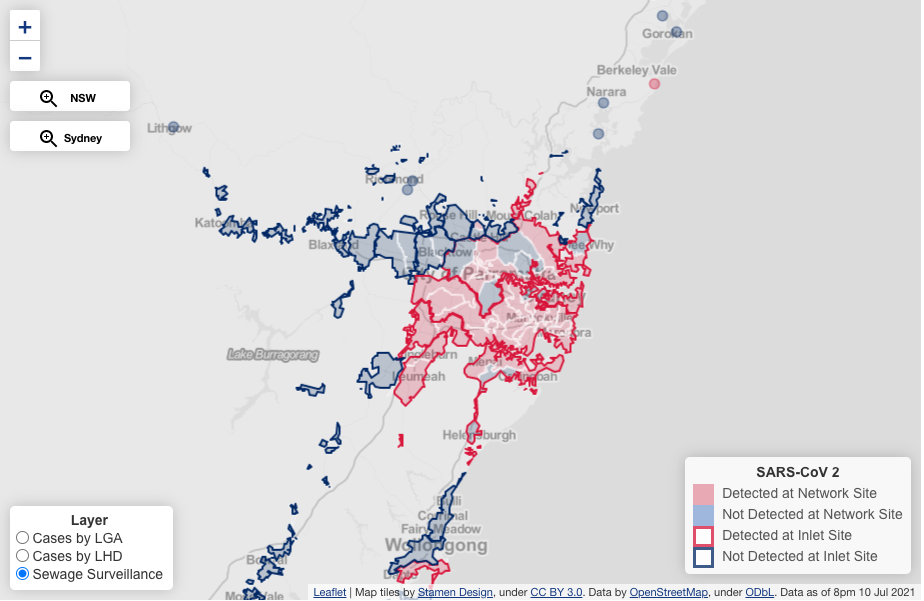 A map shows areas highlighted in red where Covid-19 has been detected in NSW. Source: NSW Health