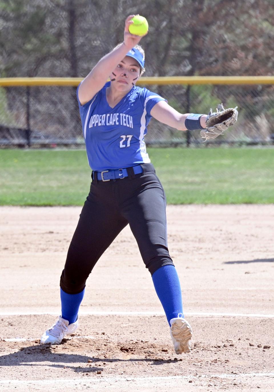 Upper Cape Tech pitcher Taysia Lopes winds up to deliver against Nauset on April 18, 2023.