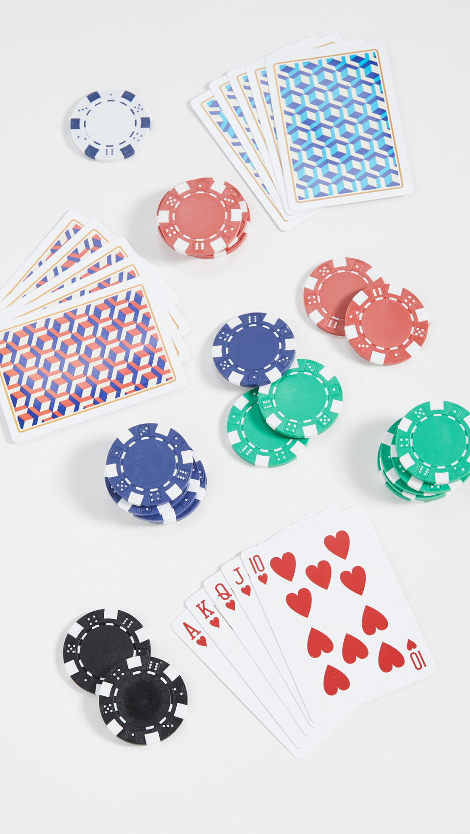 <strong>Rating:</strong> It currently doesn't have any ratings. <br /><strong>Players:</strong> For this set, play with at least one other player. <br /><strong>Includes:</strong> This set has 200 chips, two packs of playing cards, a dealer button and full instructions, too. <br /><strong>How To Play: </strong>Well, that depends. Since there's two packs of playing cards, you can play just about any card game. Or when you want your own alone time, get a deck and play some solitaire. <br /><strong>$$: </strong><a href="https://fave.co/3cO8CDM" target="_blank" rel="noopener noreferrer">Find it for $28 at Shopbop</a>.