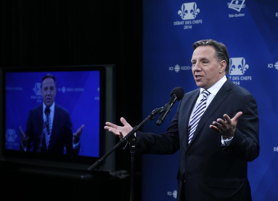 CAQ leader Francois Legault speaks to the media following the Leaders debate in Montreal