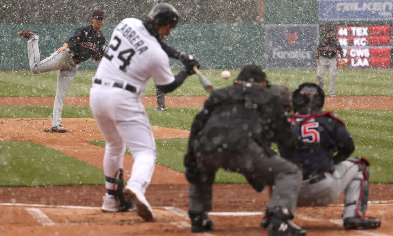 Miguel Cabrera crushes a home run in the snow.