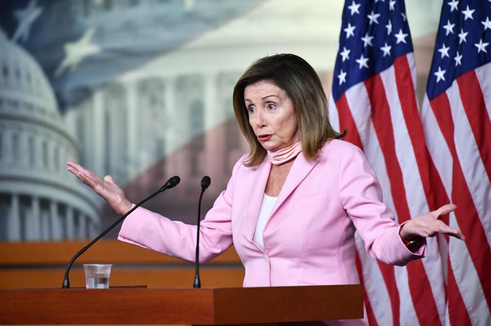 House of Representatives Speaker Nancy Pelosi speaks during her weekly press conference at the US Capitol in Washington, DC on July 31, 2020. - Congress is currently locked in debate over the size and composition of the next spending bill, with Democrats fighting to retain the $600 additional weekly payment made to unemployed workers set to expire today. (Photo by MANDEL NGAN / AFP) (Photo by MANDEL NGAN/AFP via Getty Images)