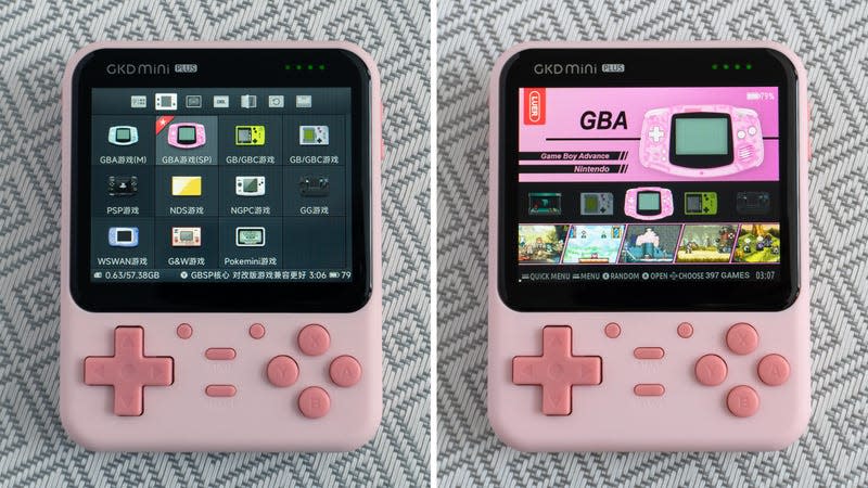 A side-by-side comparison of the GKD Mini Plus handheld's bootable frontends.