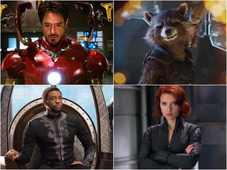 En el sentido de las agujas del reloj desde la parte superior derecha: Iron Man, Rocket and Groot, Black Widow y Black Panther (Marvel/Disney)