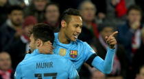 Football Soccer - Athletic Bilbao v Barcelona - Spain King's Cup- San Mames stadium, Bilbao, Spain - 20/01/16 Barcelona's Neymar de Silva celebrate his goal against Athletic Bilbao with team mate Munir el Haddadi. REUTERS/Vincent West