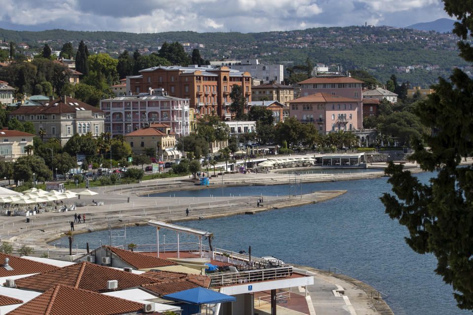 General view of the seafront and hotels in Opatija, Croatia, Saturday, May 15, 2021. Croatia has opened its stunning Adriatic coastline for foreign tourists after a year of depressing coronavirus lockdowns and restrictions. (AP Photo/Darko Bandic)