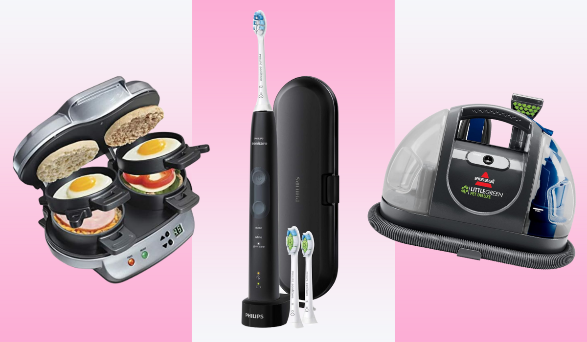 Hamilton Beach dual sandwich maker, Sonicare electric toothbrush and case, and Bissell Little Green deluxe vacuum