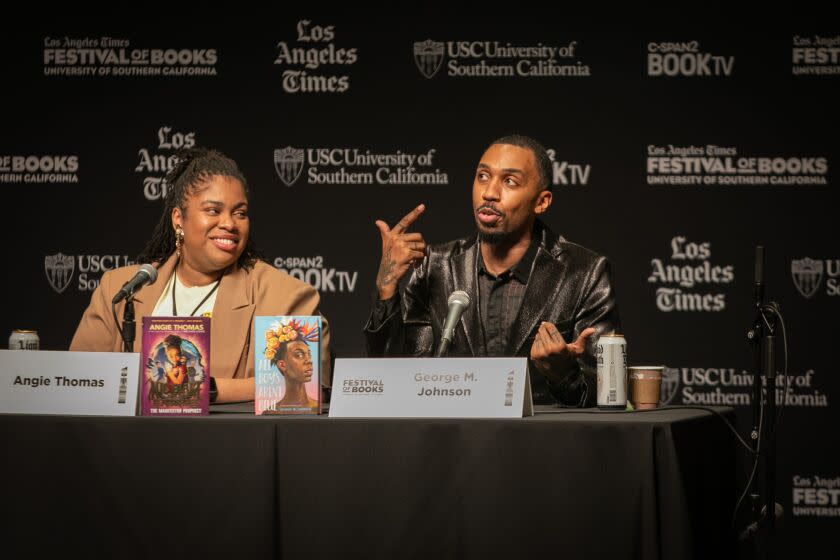 Los Angeles, CA - April 23: Angie Thomas and George M. Johnson talks at the Defending the Right To Read panel at the 43rd annual LA Times Festival of Books on Sunday, April 23, 2023 in Los Angeles, CA. (Jason Armond / Los Angeles Times)