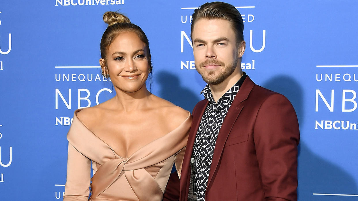  Jennifer Lopez and Derek Hough promoing Universal's World of Dance, red carpet image. 