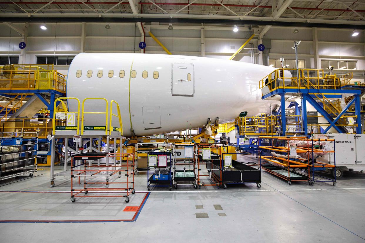 Boeing 787 Dreamliner are under production in December 2022 at the Boeing manufacturing facility in North Charleston, South Carolina.