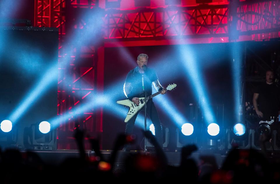 Metallica lead vocalist and guitarist James Hetfield performs "Creeping Death" at the Power Trip Music Festival at the Empire Polo Club in Indio, Calif., Sunday, Oct. 8, 2023.