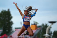 <p>Tara Davis of The USA in action during the final of the women's long jump on day four of The IAAF World U20 Championships on July 13, 2018 in Tampere, Finland. (Photo by Charlie Crowhurst/Getty Images for IAAF)</p> 