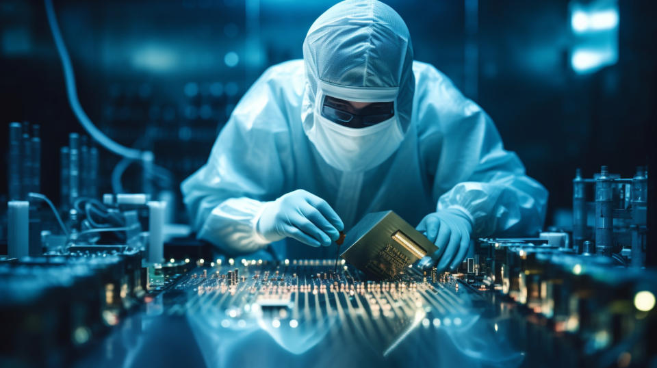 A technician focused on a complex semiconductor chip in their lab.