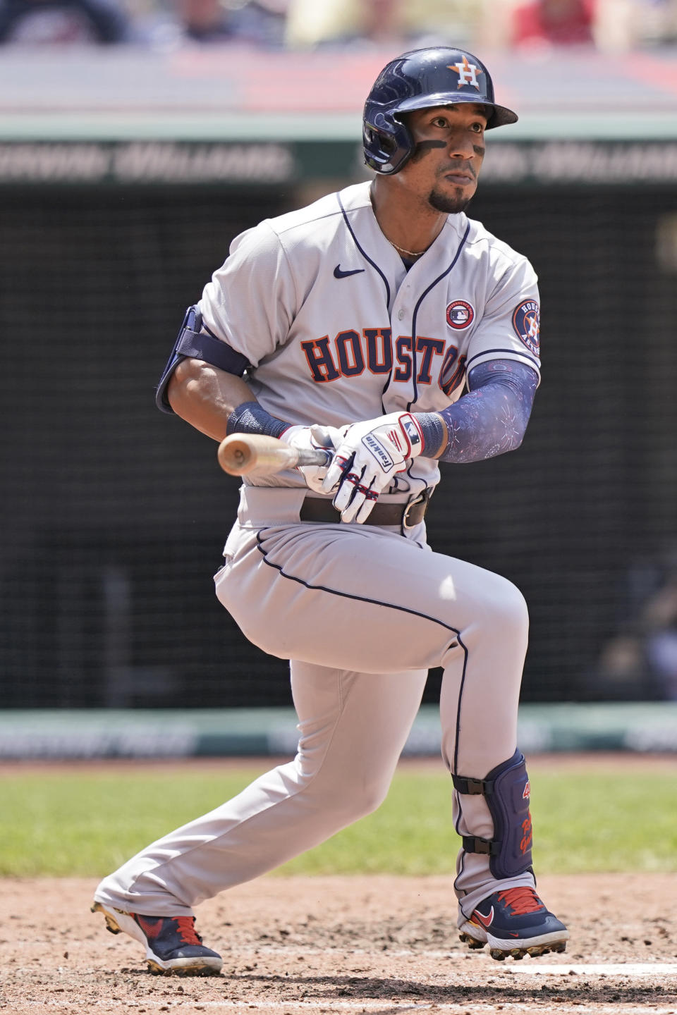 Houston Astros' Robel Garcia watches his double in the fifth inning of a baseball game against the Cleveland Indians, Sunday, July 4, 2021, in Cleveland. (AP Photo/Tony Dejak)