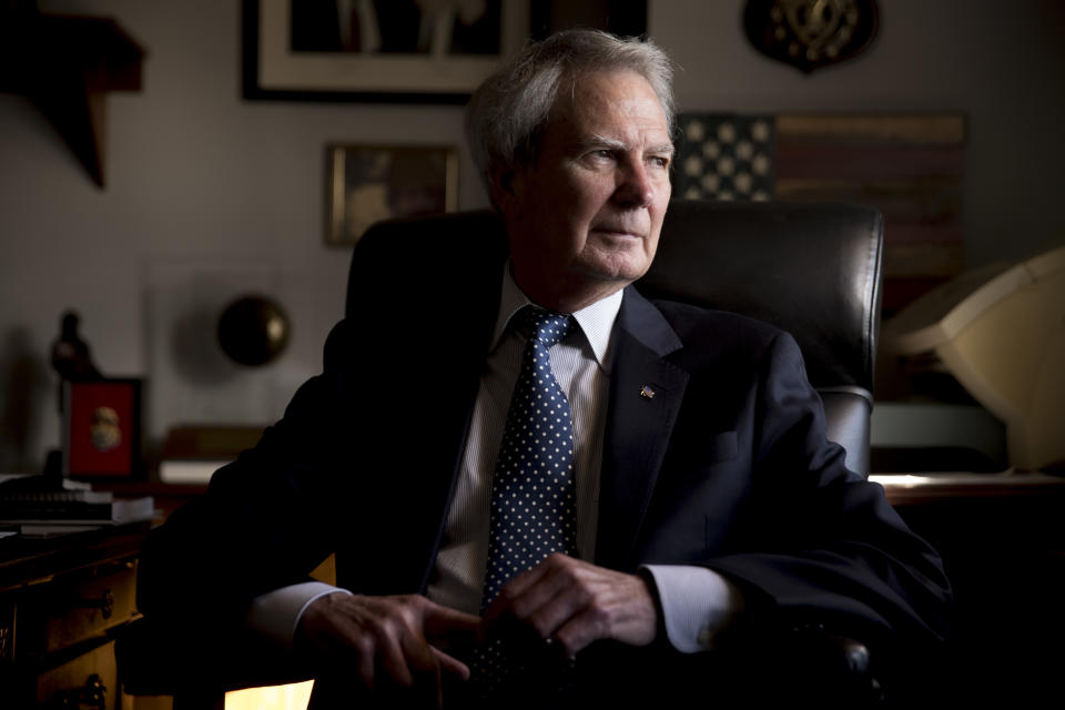 FILE - In this Wednesday, Oct. 25, 2017, file photo, U.S. Rep. Walter Jones Jr., R-N.C. poses for a portrait in his office on Capitol Hill, in Washington. Jones, a once-fervent supporter of the 2003 invasion of Iraq who later became an equally outspoken Republican critic of the war, died Sunday, Feb. 10, 2019, his 76th birthday. (AP Photo/Andrew Harnik, File)