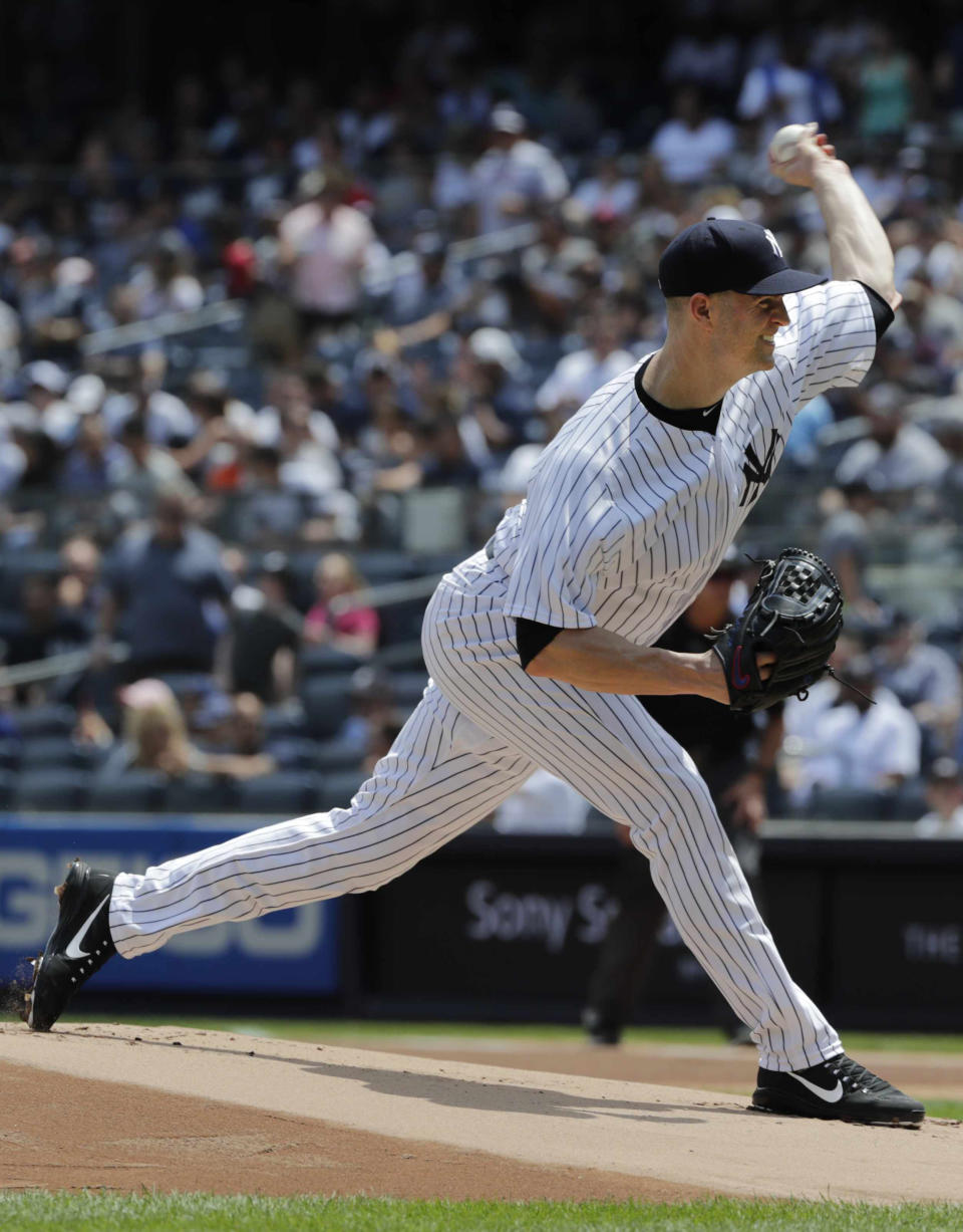 New York Yankees' J.A. Happ delivers a pitch during the first inning of a baseball game against the Kansas City Royals, Sunday, July 29, 2018, in New York. (AP Photo/Frank Franklin II)