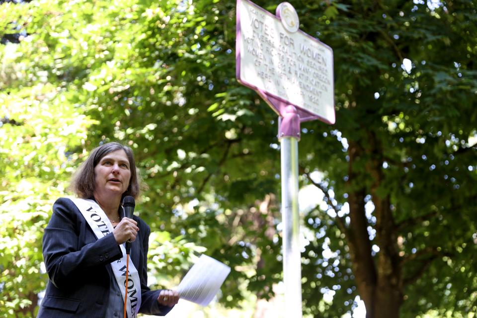 Oegon Supreme Court Chief Justice Meagan A. Flynn gives remarks Thursday during an unveiling ceremony for the women’s suffrage marker at Oregon State Capitol State Park.