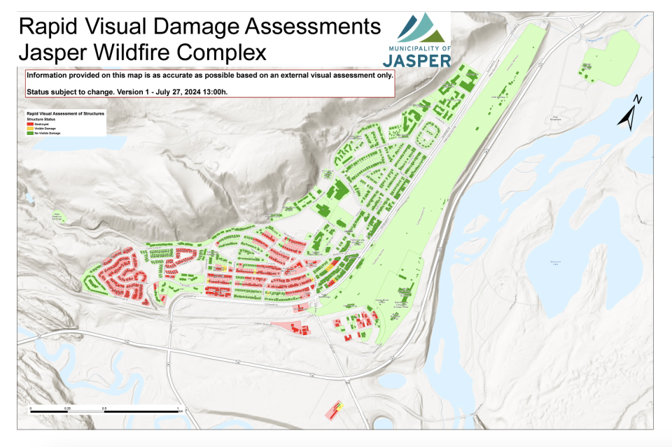 A damage assessment map being updated by the Municipality of Jasper in Alberta, Canada, shows the ongoing Jasper Wildfire Complex has so far destroyed roughly a third of the town as of July 27.  / Credit: Municipality of Jasper