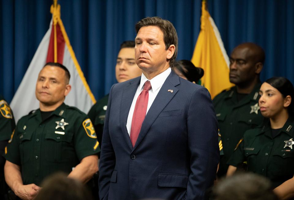 Florida Governor Ron DeSantis listens as Florida Attorney General Ashley Moody comments on illegal immigration during a press conference held at the Sheriff's Operation Center in Winter Haven Fl. Friday March 15, 2024.DeSantis signed 3 bills aimed at illegal immigration , new legislation aiming to “Stop Illegal Immigration” while discussing the state’s response to the crisis in Haiti.
Ernst Peters/The Ledger