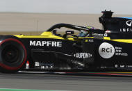 Renault driver Daniel Ricciardo of Australia steers his car during a practice session prior to the Formula One Grand Prix at the Barcelona Catalunya racetrack in Montmelo, Spain, Friday, Aug. 14, 2020. (Bryn Lennon, Pool via AP)