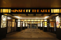 The Minskoff Theatre is shuttered Thursday, March 12, 2020, in New York, near Times Square after Broadway theaters closed following New York Gov. Andrew Cuomo's banning of gatherings of more than 500 people over concerns about the spread of the coronavirus. (AP Photo/Kathy Willens)