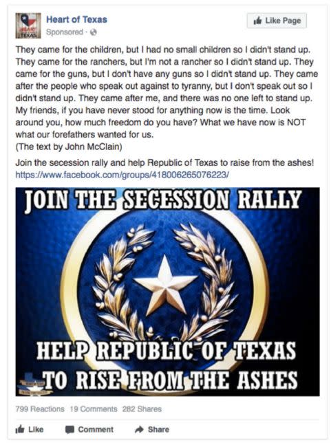 An event sponsored by one of the IRA's more successful Facebook pages, "Heart of Texas," encouraged followers to attend a secession rally. The IRA paid 2,392 rubles (roughly $39.00) for the ad,&nbsp;which targeted people who lived within a 10-mile radius of Austin, Texas. It had 3,658 impressions and 222 clicks.