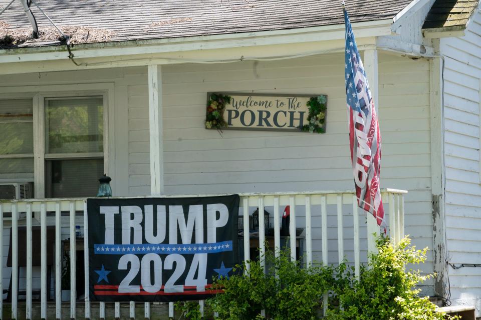 A Trump campaign flag is seen on a porch in Fremont on Wednesday, May 8, 2024.