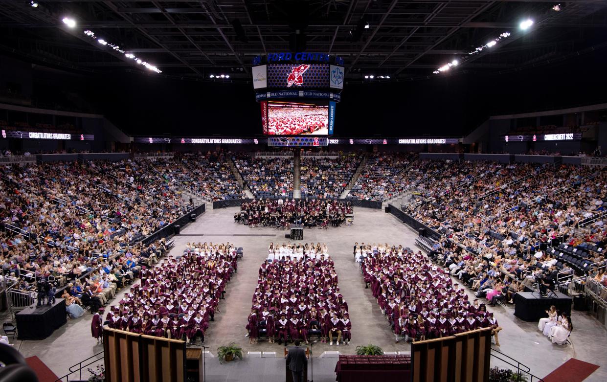 Seniors take part in the 2022 Henderson County High School commencement ceremony at Ford Center in Evansville  Thursday evening, May 26, 2022.