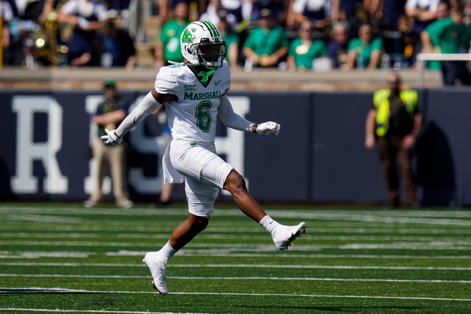 Marshall defensive back Micah Abraham celebrates a sack against Notre Dame during the first half in South Bend, Indiana, on Sept. 10, 2022.