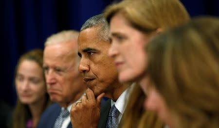 U.S. President Barack Obama listens to remarks from Iraqi Prime Minister Haider al-Abadi during their meeting in New York September 19, 2016. Flanking Obama are Vice President Joe Biden and U.S. Ambassador to the U.N. Samantha Power. REUTERS/Kevin Lamarque