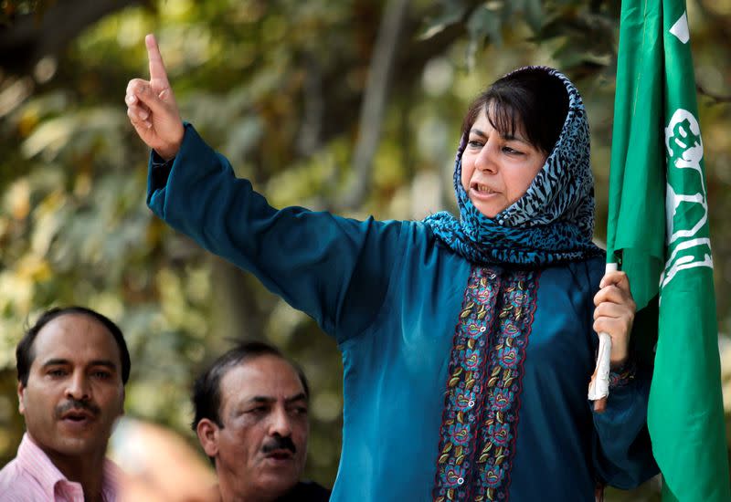 FILE PHOTO: Mehbooba Mufti, president of People's Democratic Party, speaks after police stopped her protest march in Srinagar