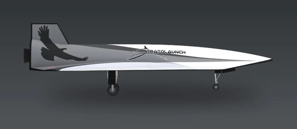 A rendering of the fully reusable Talon-A with its landing gear down. <em>Stratolaunch</em>