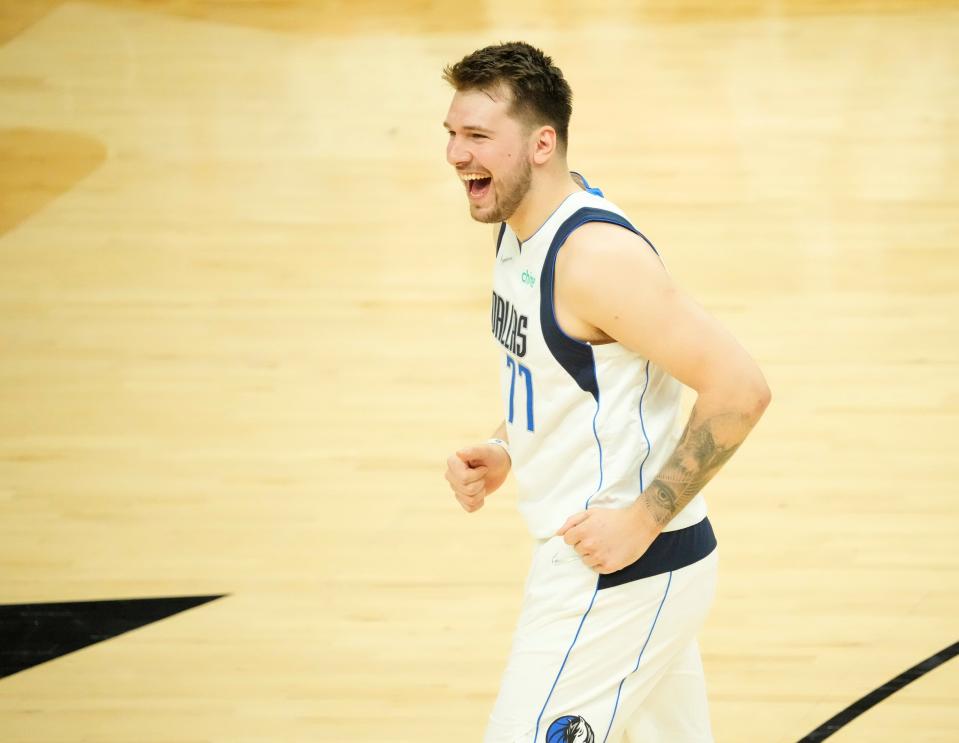 May 15, 2022; Phoenix, Ariz. U.S.; Dallas Mavericks guard Luka Doncic (77) reacts after making a three-point basket against the Phoenix Suns during Game 7 of the Western Conference semifinals at Footprint Center.