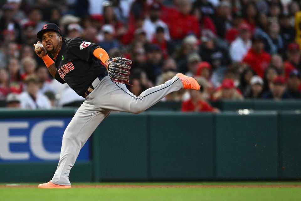 Guardians third baseman Jose Ramirez fields a ball against the Angels during the fourth inning, May 25, 2024, in Anaheim.