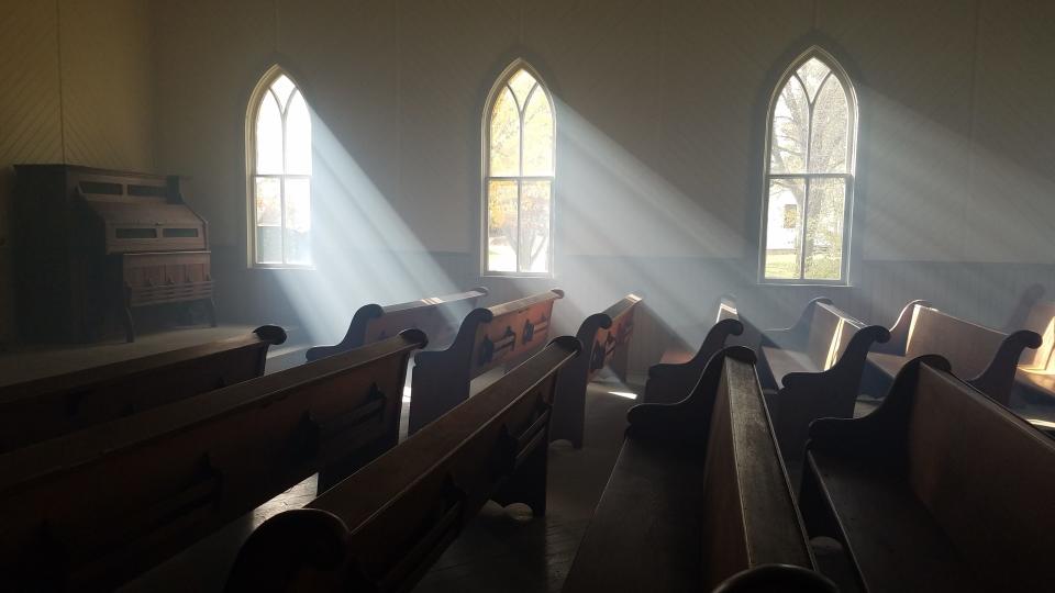 Interior of Niles Church at Manitowoc County Historical Society's Pinecrest Historical Village.