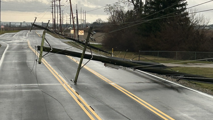 Multiple power lines block Durrett Road in southwest Columbus after thunderstorms and a tornado warning on February 28, 2024. (Courtesy Photo/AEP Ohio)
