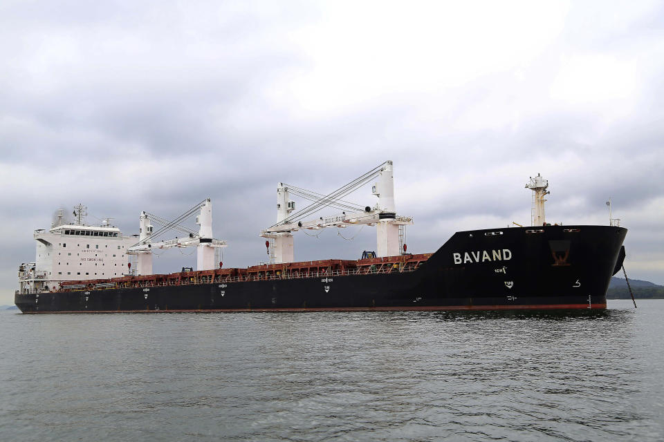 The Bavand, one of two stranded Iranian vessels, sits anchored at the port in Paranagua, Brazil, Thursday, July 25, 2019. Brazil's top court says state oil company Petrobras must supply fuel to two Iranian vessels that have been stranded off the coast of Parana state since early June. Petrobras has been refusing to provide fuel to the two vessels, arguing that they appear on a U.S. sanctions list and that the company would risk significant fines. (AP Photo/Giuliano Gomes)