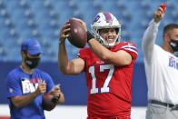 Buffalo Bills quarterback Josh Allen prepares to throw a pass during pregame warmups on the ninth day of NFL football training camp at Bills Stadium in Orchard Park, N.Y., Thursday, Aug. 27, 2020. (James P. McCoy/Buffalo News via AP, Pool)