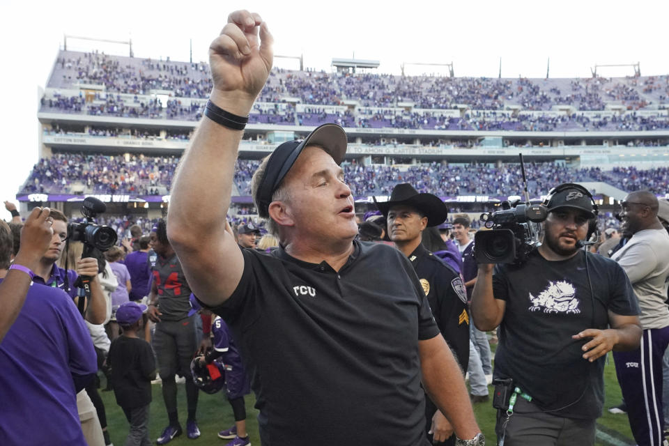 TCU head coach Gary Patterson celebrates after an NCAA college football game against Texas in Fort Worth, Texas, Saturday, Oct. 26, 2019. (AP Photo/Louis DeLuca)