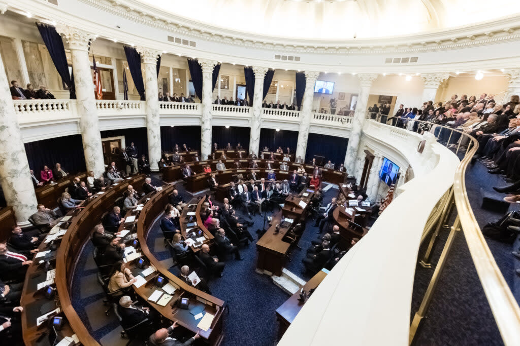 Idaho Gov. Brad Little gives his State of the State speech in the House chambers