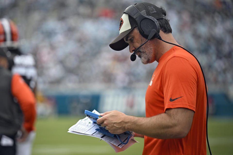 Cleveland Browns head coach Kevin Stefanski looks at a play during the second half of an NFL football game against the Jacksonville Jaguars Sunday, Sept. 15, 2024, in Jacksonville, Fla. (AP Photo/Phelan M. Ebenhack)