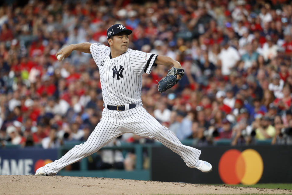 American League Masahiro Tanaka, of the New York Yankees, throws during the second inning of the MLB baseball All-Star Game against the National League, Tuesday, July 9, 2019, in Cleveland. (AP Photo/John Minchillo)