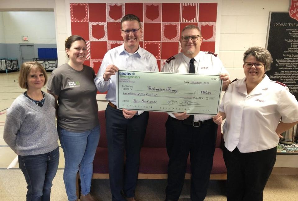 Pactiv Evergreen employees in Canandaigua collected and donated 15,000 pounds of food as well as $2,500 to the Salvation Army of Canandaigua. Pictured are Tina Devey, Amanda Dresser and Terry Lafferty, of Pactiv Evergreen, and Salvation Army Majs. David and Pamela Rhodes.