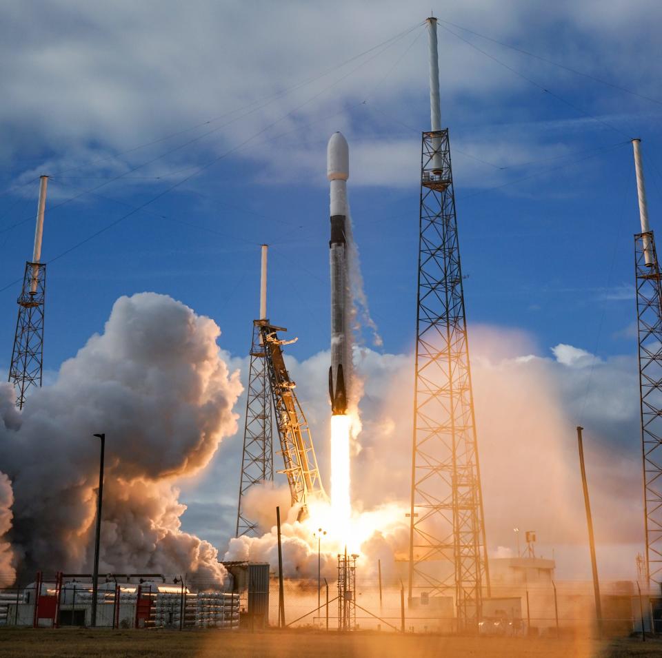 A SpaceX Falcon 9 rocket launches the Transporter-1 mission from Cape Canaveral Space Force Station in Florida on Jan. 24, 2021. The mission took dozens of payloads to orbit, including human ashes for Celestis.