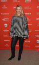 <p>Danes looks comfy and casual in a black-and-white striped sweater, leather pants, and black Chelsea boots in Park City, Utah. (Photo: Getty Images) </p>