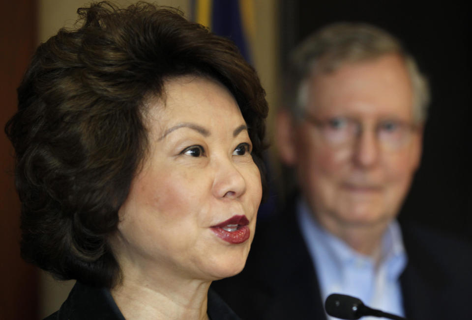 Elaine Chao introduces her husband, Senator Mitch McConnell, during a campaign stop in Lexington, Kentucky, May 19, 2014.  / Credit: REUTERS/John Sommers